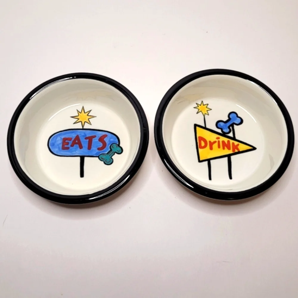 EAT and DRINK Set of 2 Ceramic Pet Food Bowls Handpainted Diner Decor Vibes RARE
